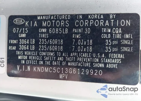 2016 Kia Sedona Sx z USA, uszkodzony, nr VIN KNDMC5C13G6129920